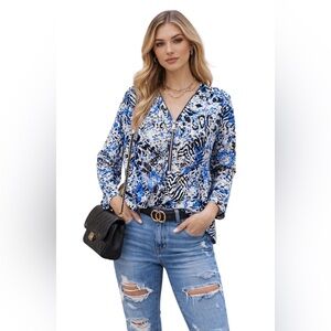 Alfani Blue White and Black Abstract Animal Print Quarter-Zip Top